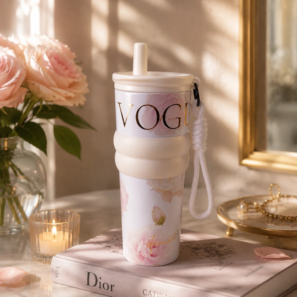 Vogue Floral Tumbler – Cloud White 🤍