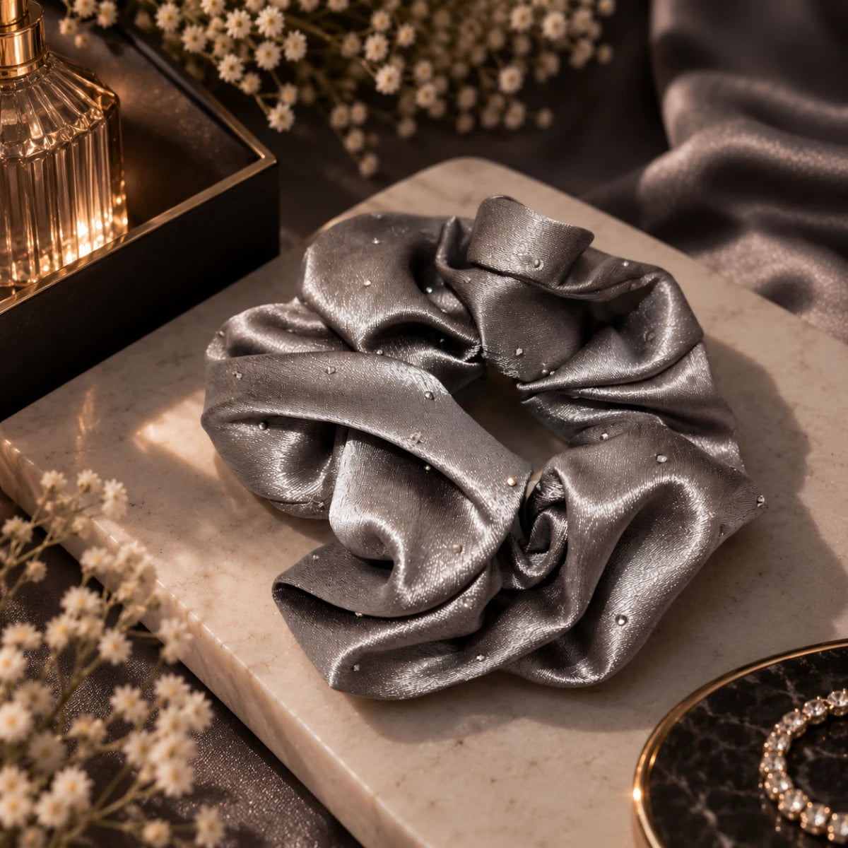 Crystal Satin Scrunchie - gray