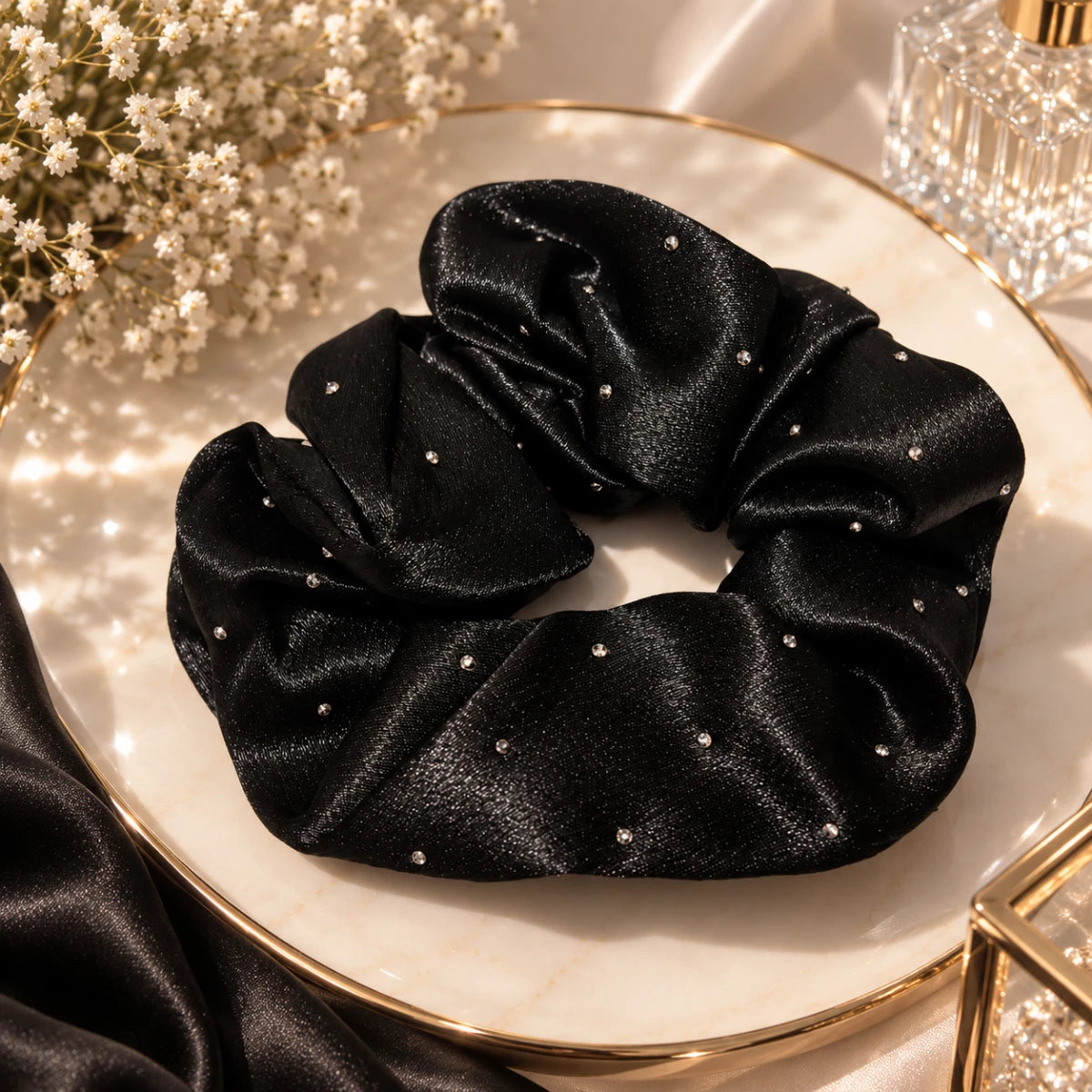 Crystal Satin Scrunchie - Black