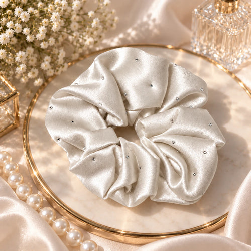 Crystal Satin Scrunchie -White