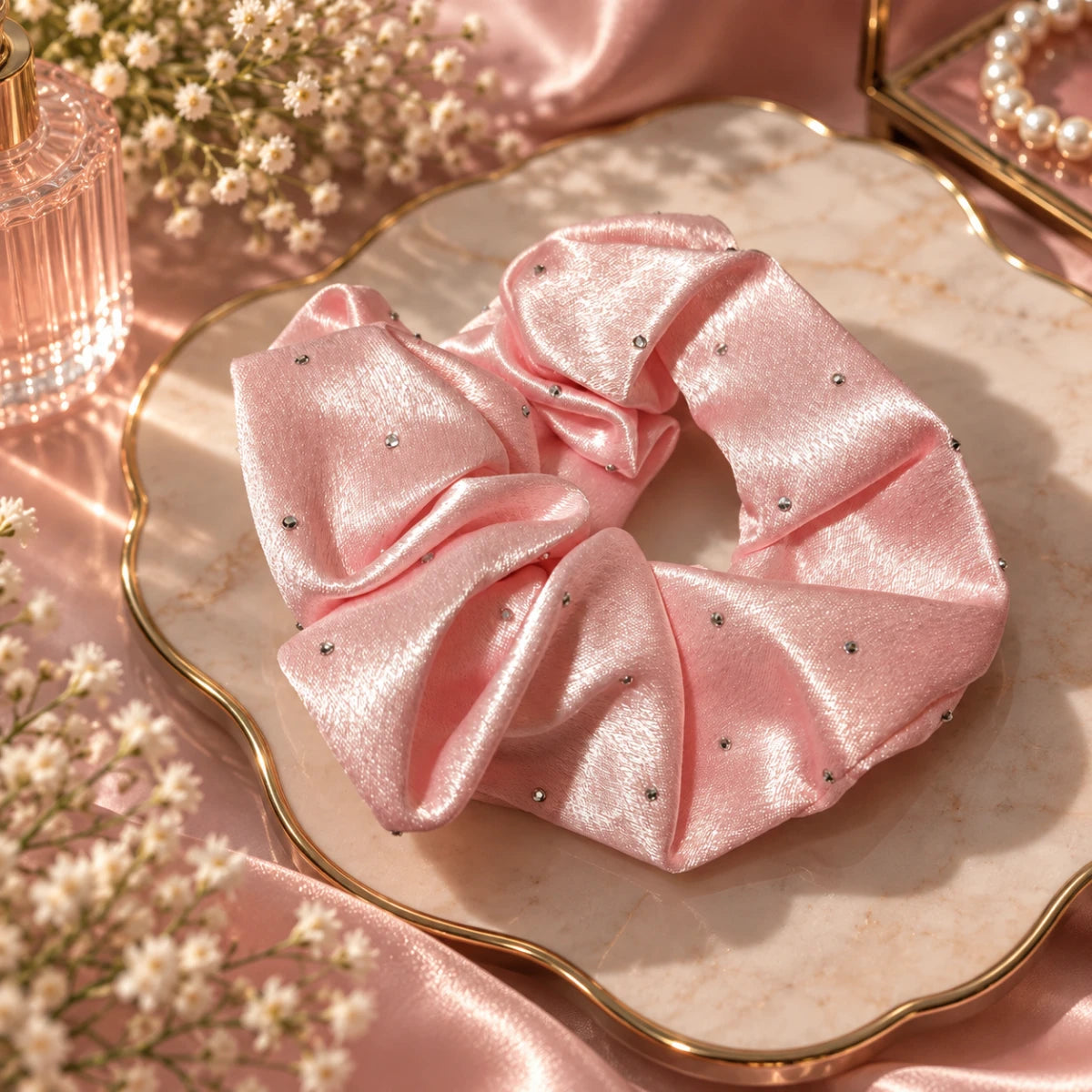 Crystal Satin Scrunchie - Pink