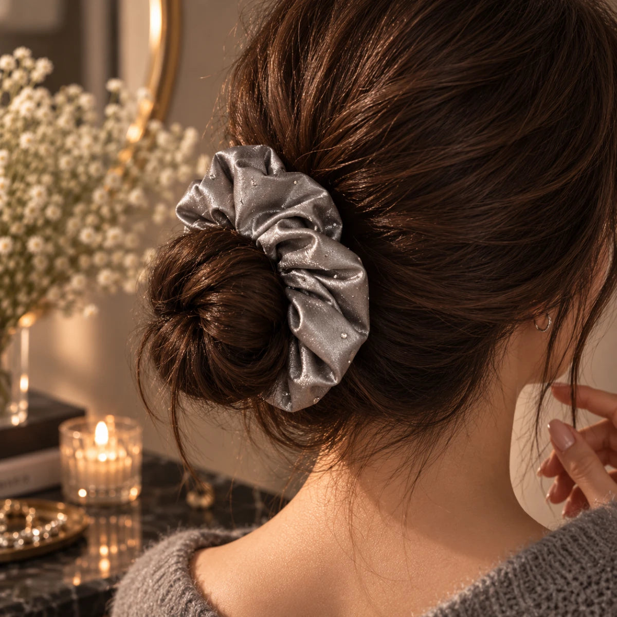 Crystal Satin Scrunchie - gray