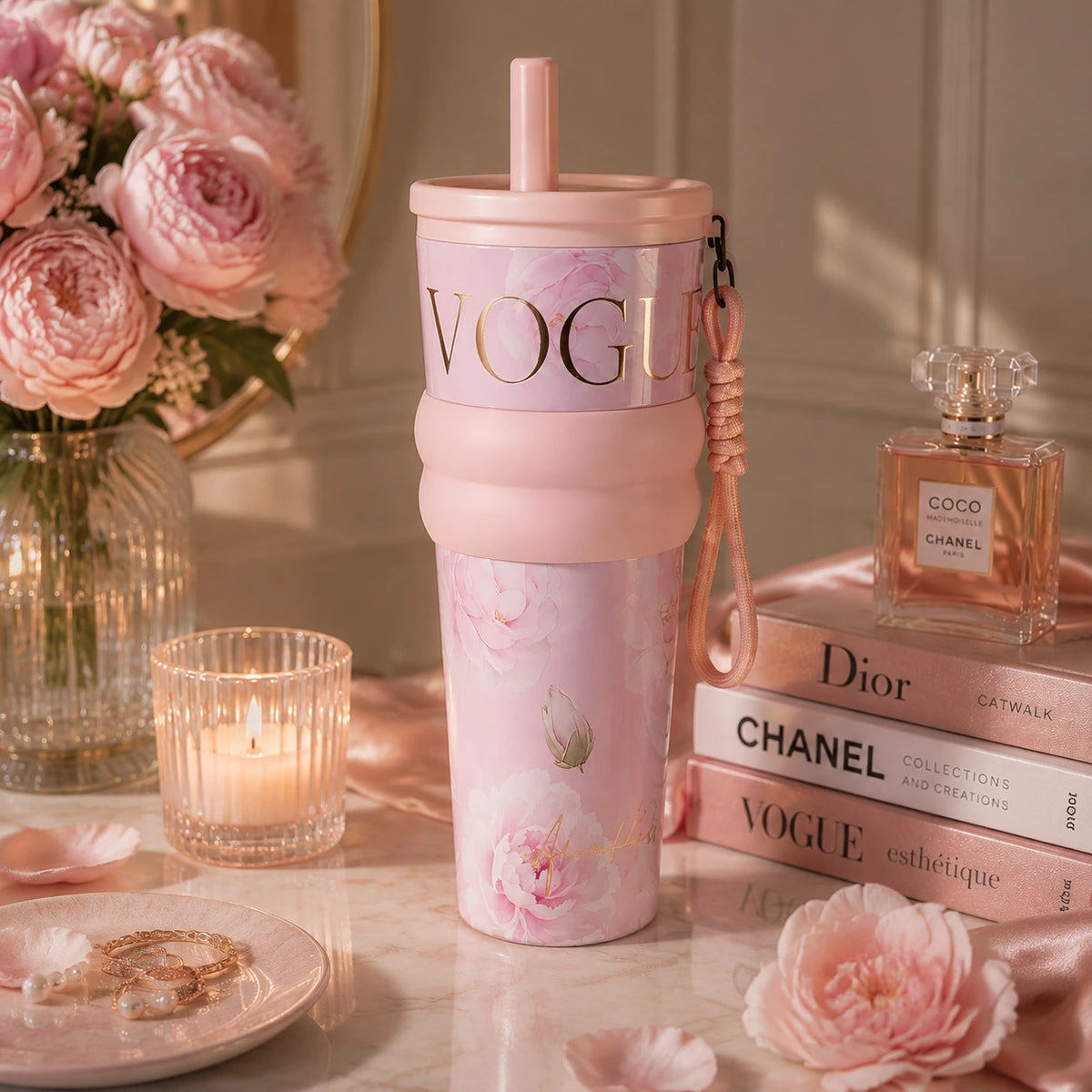 Vogue Floral Tumbler – Blush Pink 🌸