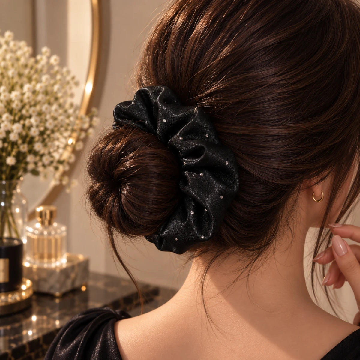 Crystal Satin Scrunchie - Black