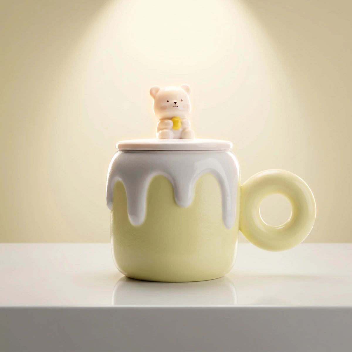 Bear Drip Mug with Silicone Lid & Bear Spoon - Pastel Yellow