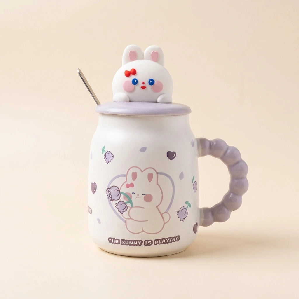 Bunny Mug with Lid & Spoon - Lavender Bunny
