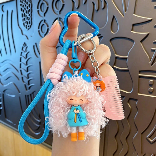 Curly Hair Doll Keychain Charm-blue