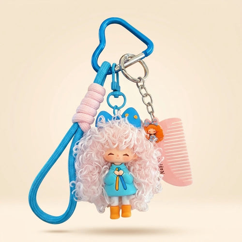 Curly Hair Doll Keychain Charm - Blue