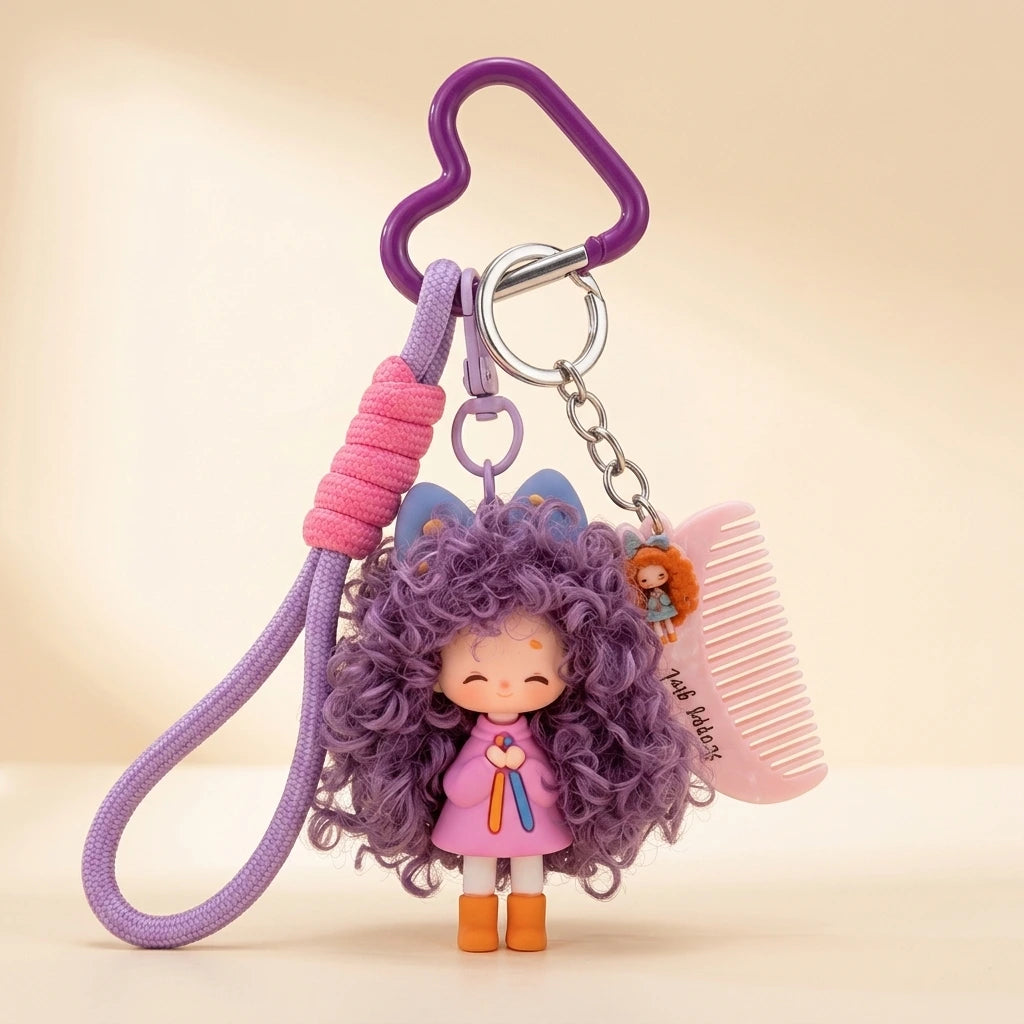 Curly Hair Doll Keychain Charm - Purple