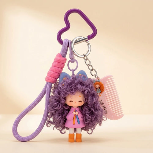 Curly Hair Doll Keychain Charm - Purple