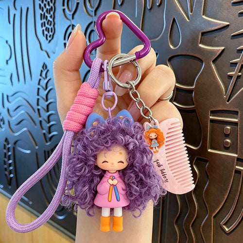 Curly Hair Doll Keychain Charm-purple