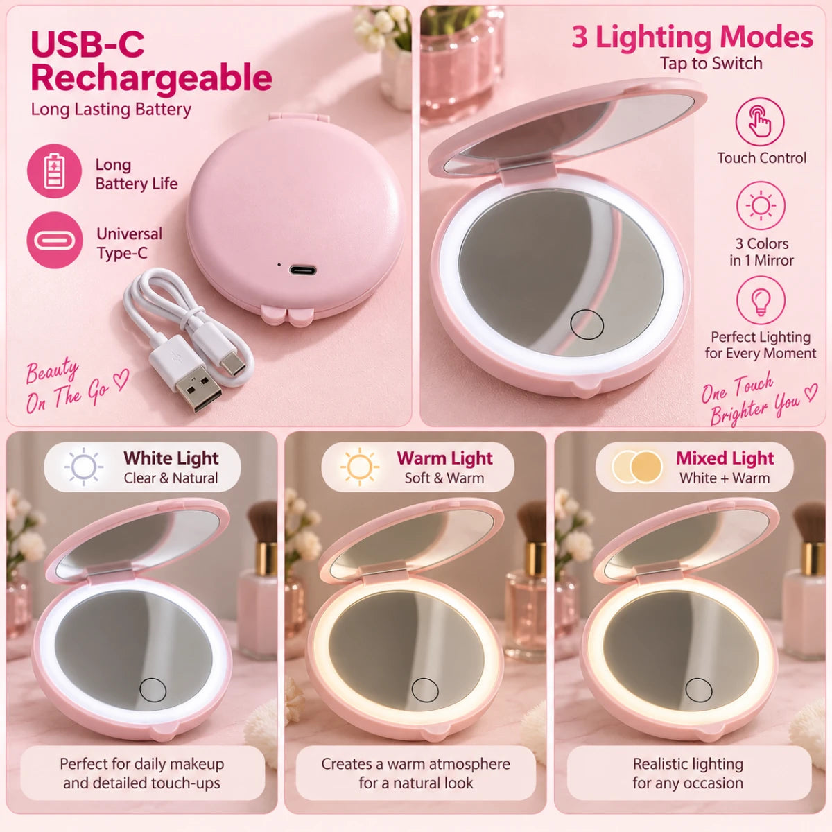 Customizable LED Pocket Mirror ✨ pink