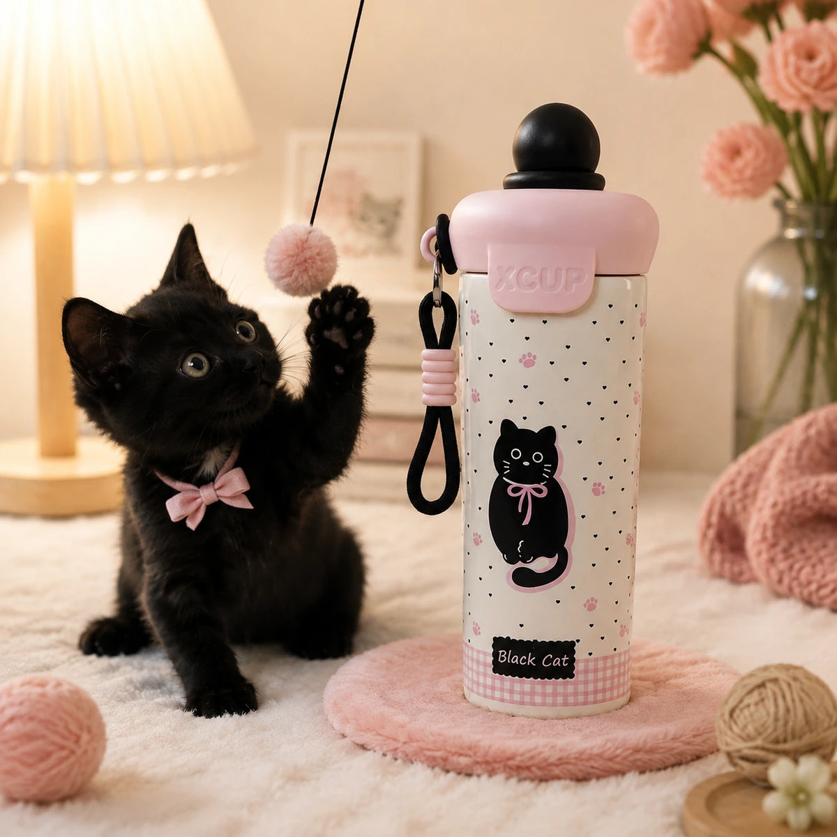 Cute Friends Thermal Bottle – Black Cat 🐈‍⬛