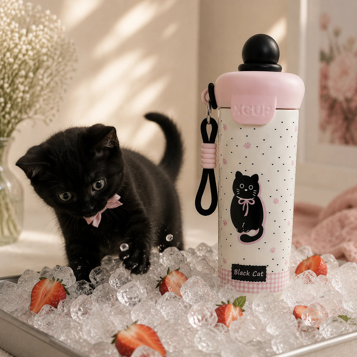 Cute Friends Thermal Bottle – Black Cat 🐈‍⬛