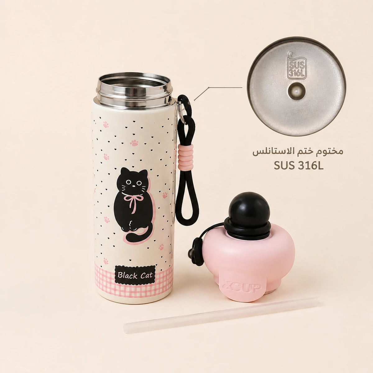 Cute Friends Thermal Bottle – Black Cat 🐈‍⬛
