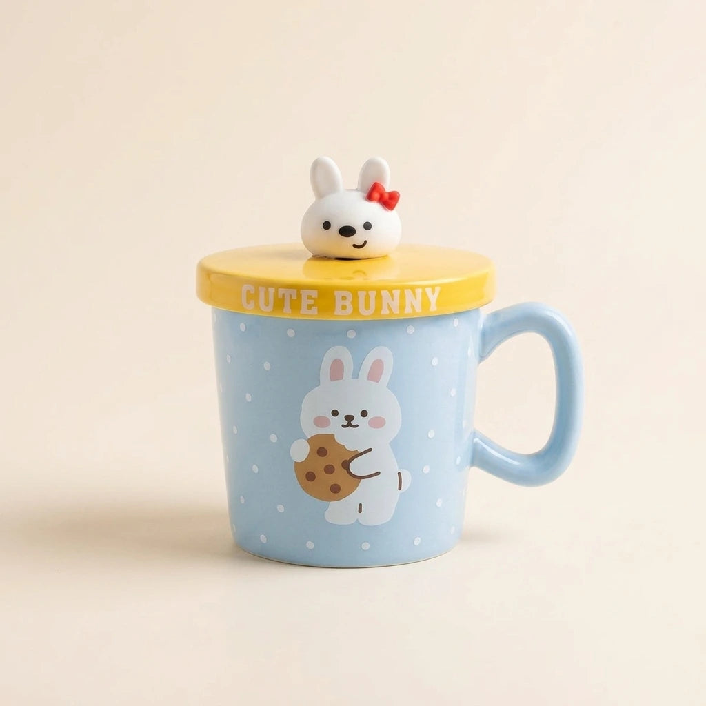 Cute Bunny Mug with Ceramic Lid & Bunny Spoon - Cookie Blue