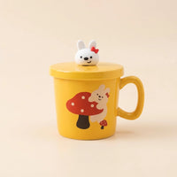 Cute Bunny Mug with Ceramic Lid & Bunny Spoon - Mushroom Yellow