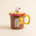 Cute Bunny Mug with Ceramic Lid & Bunny Spoon - Flower Brown