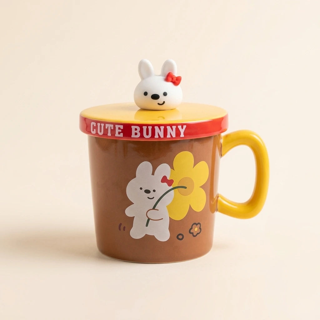 Cute Bunny Mug with Ceramic Lid & Bunny Spoon - Flower Brown