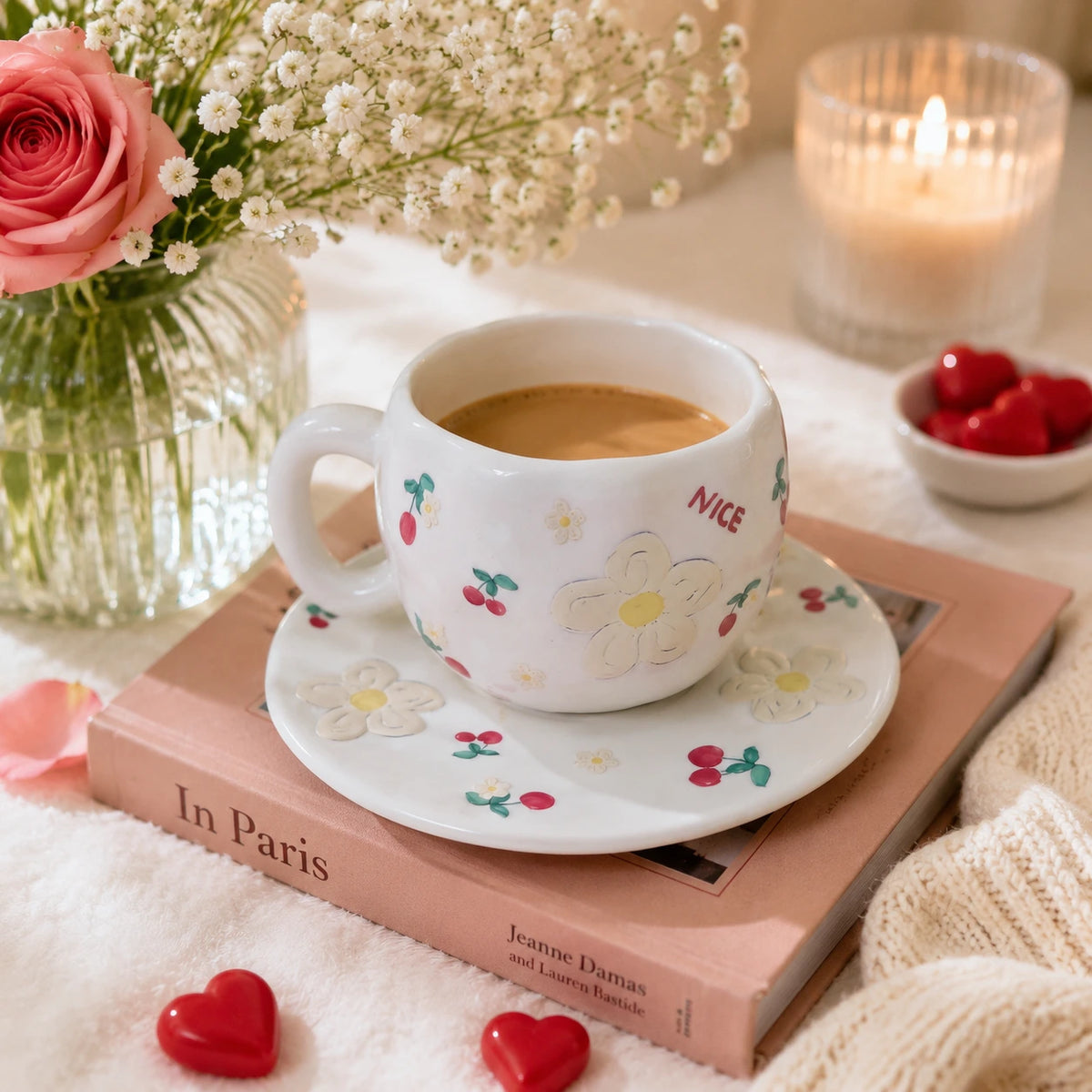 Daisy & Cherry Cup with Plate 🌼🍒