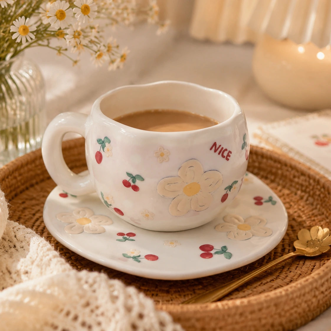 Daisy & Cherry Cup with Plate 🌼🍒