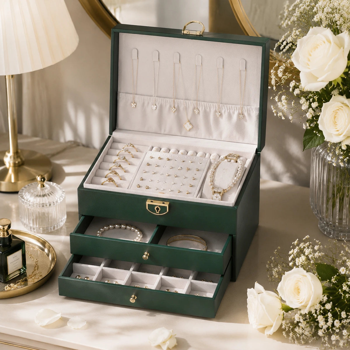An open dark green jewelry organizer box with two drawers, filled with silver and pearl jewelry, styled on a table with flowers, a lamp, and a small bottle.