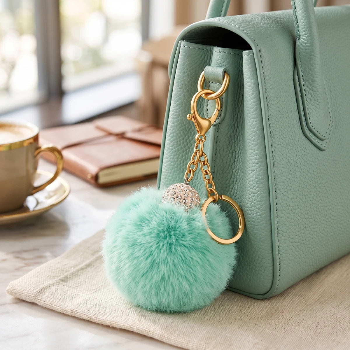 Fluffy Pom Pom Bag Charm & Keychain – Mint 🩵