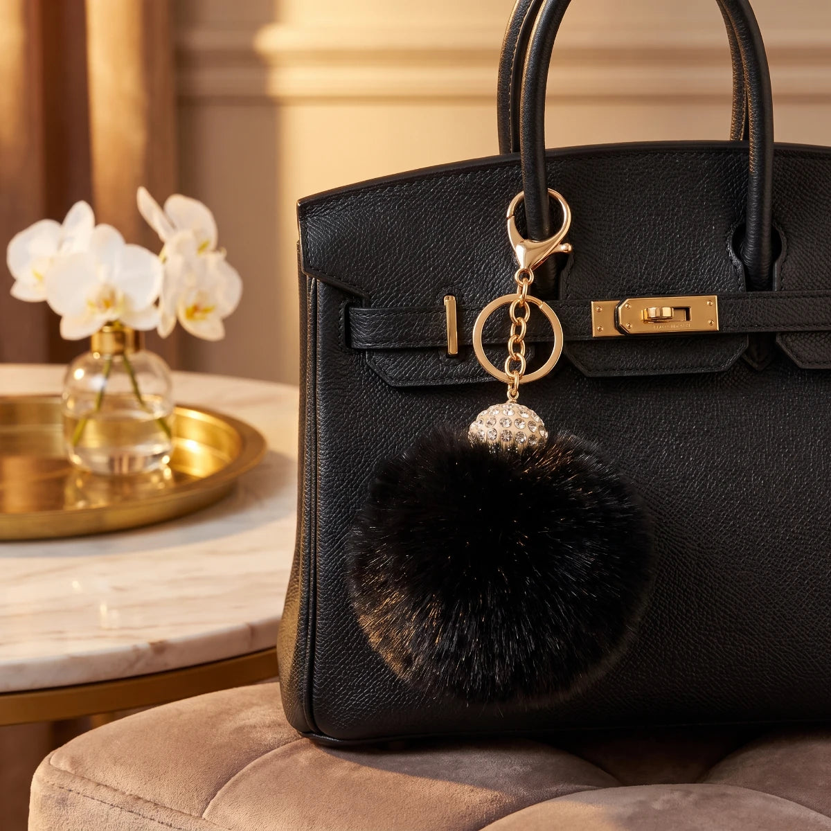 Fluffy Pom Pom Bag Charm & Keychain – Black 🖤
