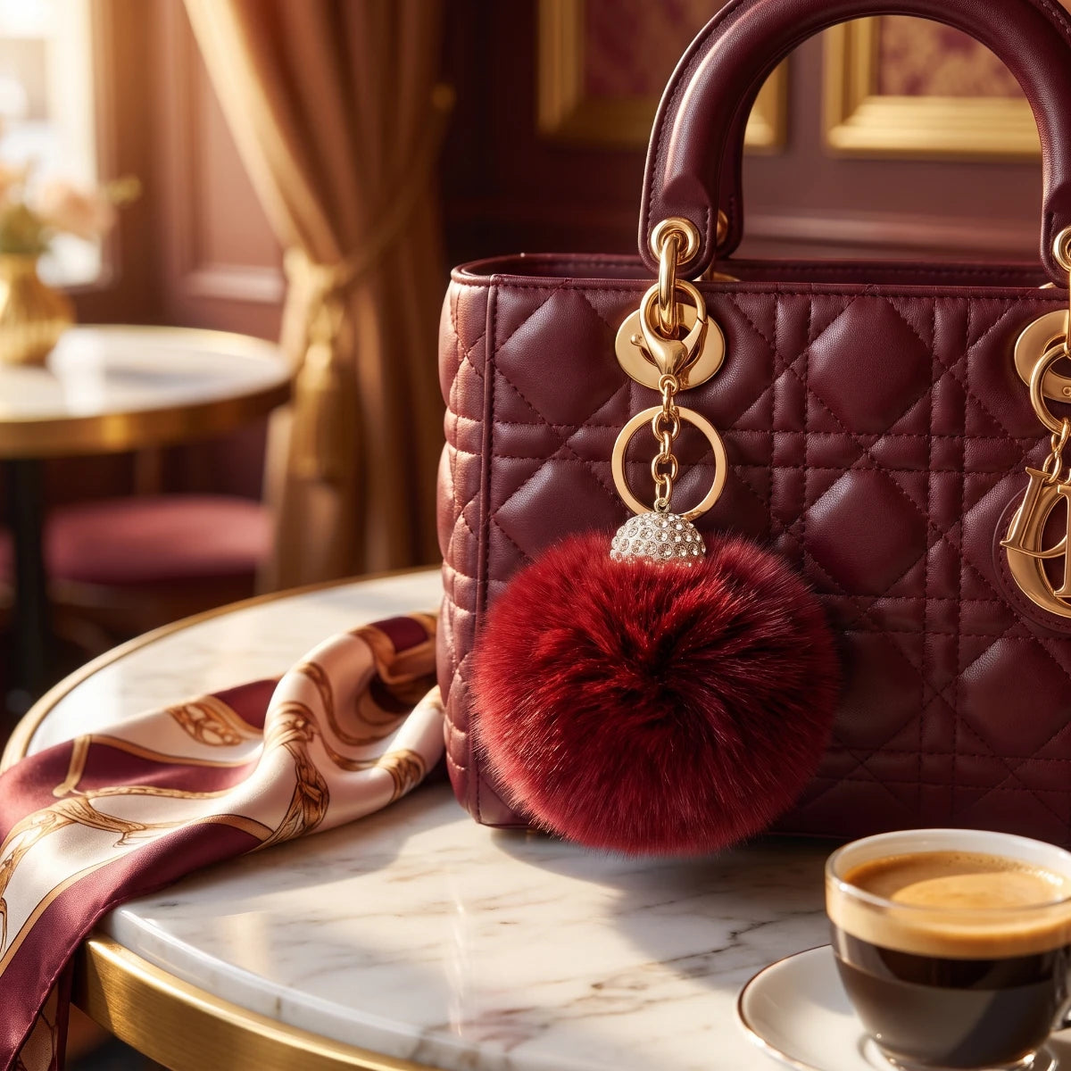 Fluffy Pom Pom Bag Charm & Keychain – Burgundy ❤️