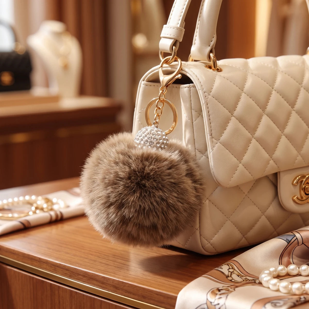 Fluffy Pom Pom Bag Charm & Keychain – Teddy Brown 🤎