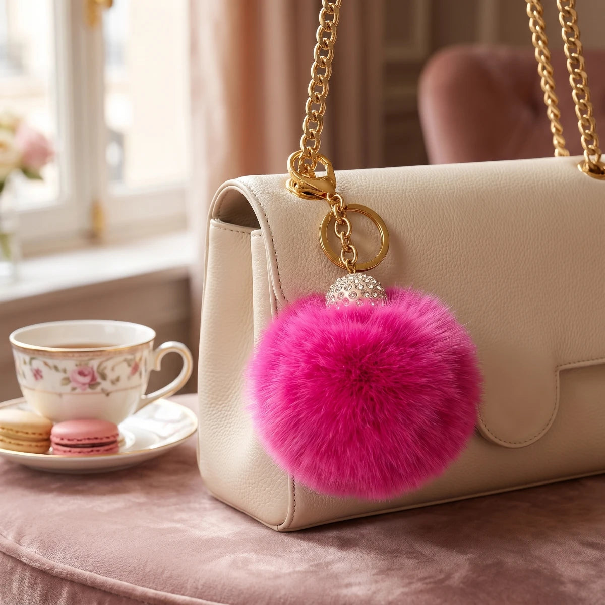 Fluffy Pom Pom Bag Charm & Keychain – Fuchsia Pink 💗