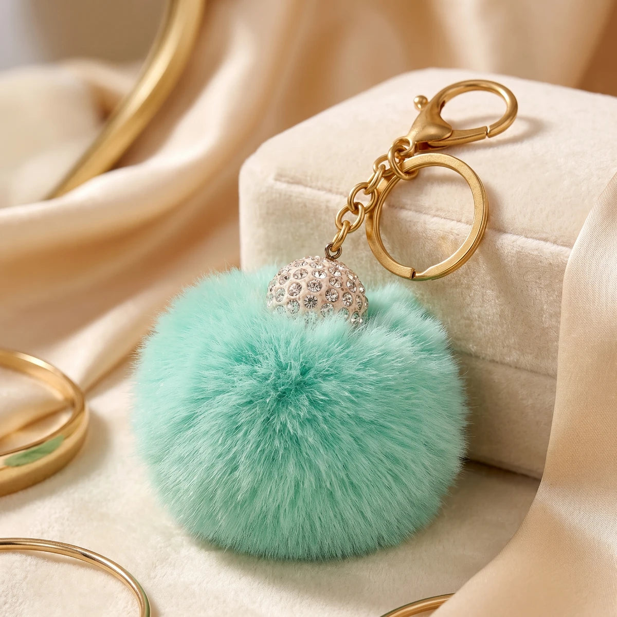 Fluffy Pom Pom Bag Charm & Keychain – Mint 🩵