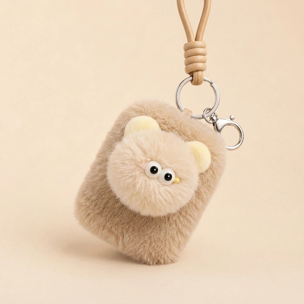 Fluffy Rectangle Double-Sided Mirror Charm - Teddy Beige