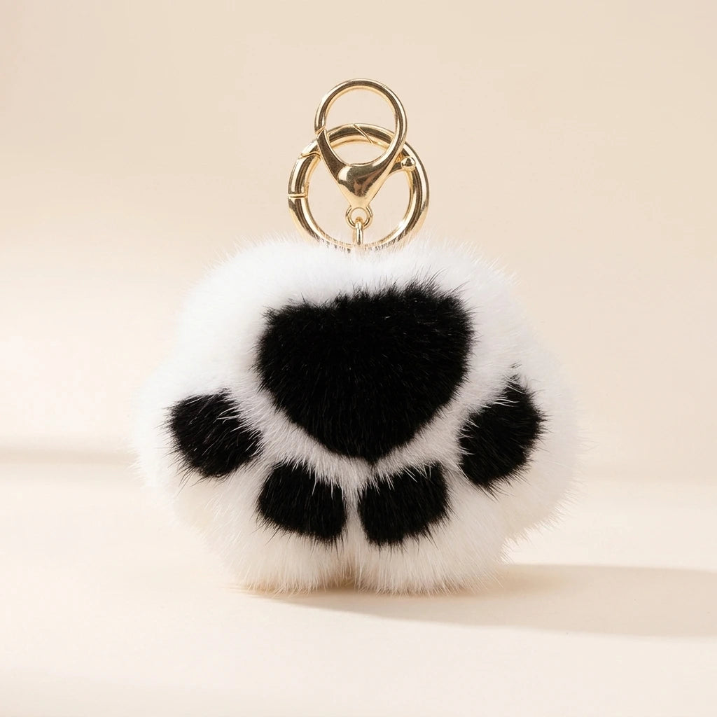 Fluffy Paw Keychain Charm - White Black