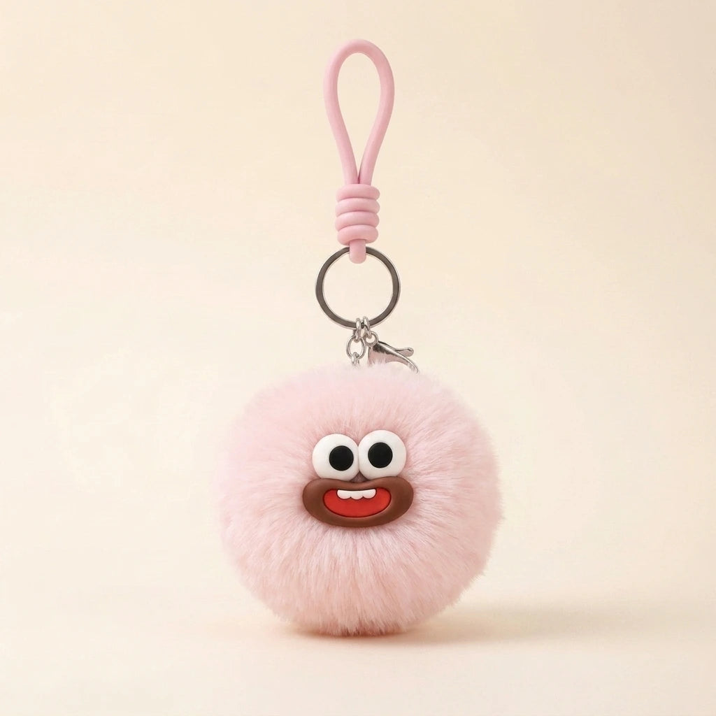 Fluffy Round Double-Sided Mirror Charm - Baby Pink