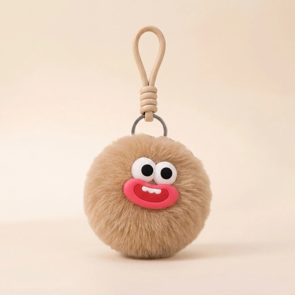 Fluffy Round Double-Sided Mirror Charm - Teddy Beige