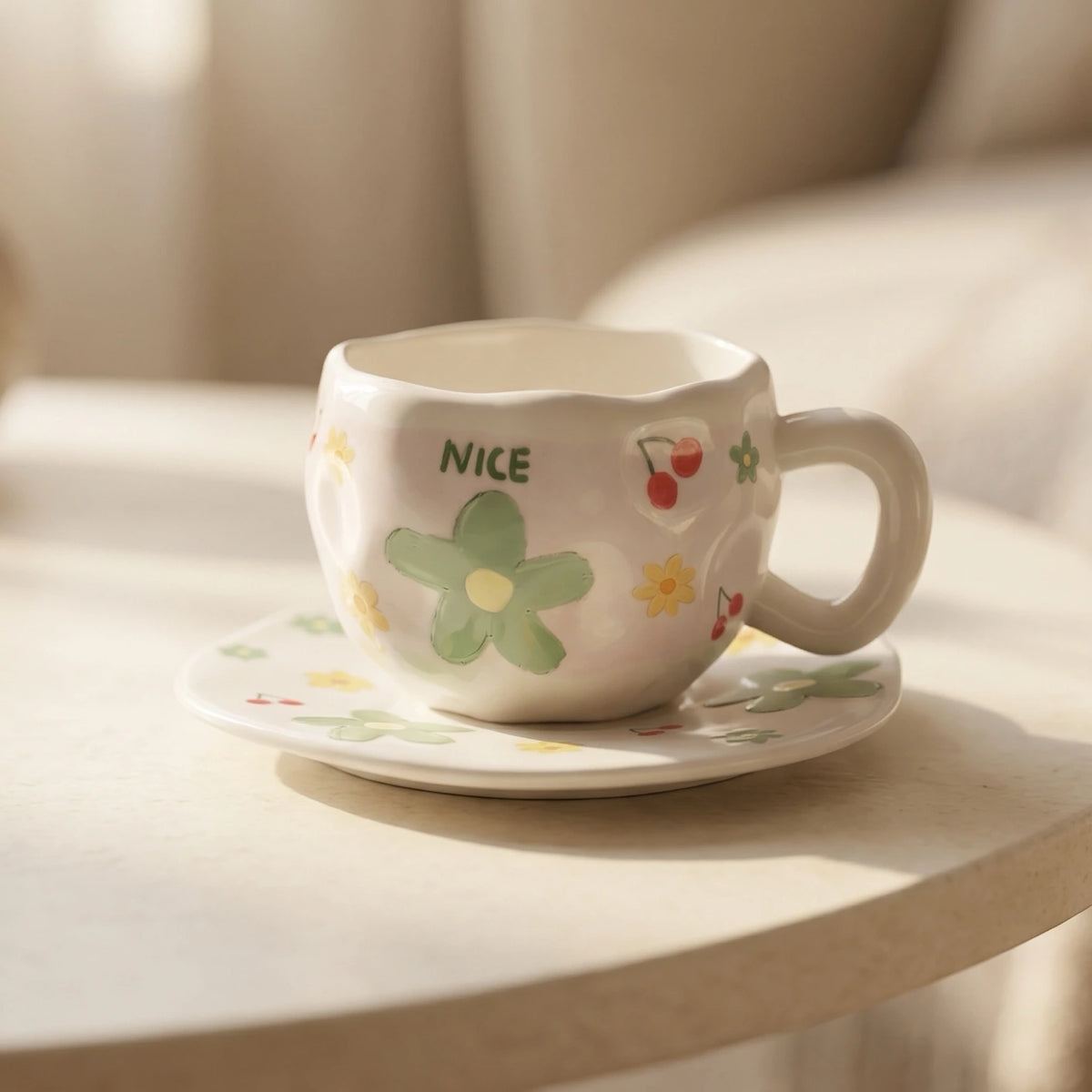 Green Flower Cup with Plate 🌼🍒