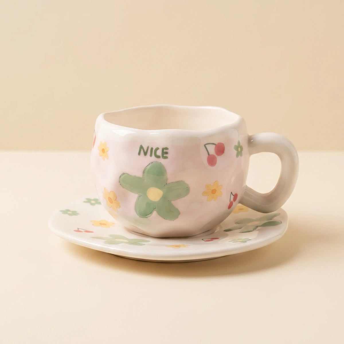 Green Flower Cup with Plate 🌼🍒