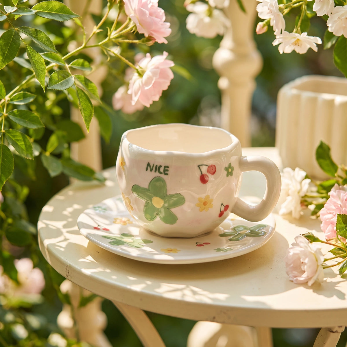 Green Flower Cup with Plate 🌼🍒