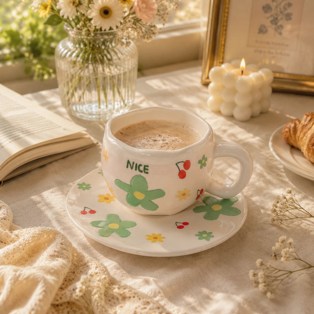 Green Flower Cup with Plate 🌼🍒