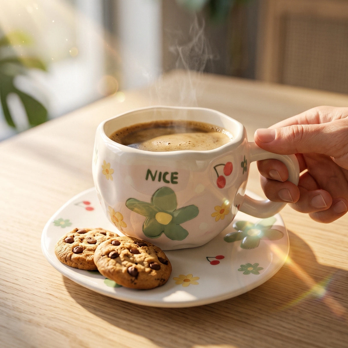 Green Flower Cup with Plate 🌼🍒
