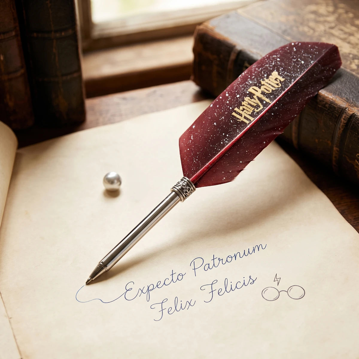 A decorative quill pen with a deep burgundy feather and silver metal body lies on an open vintage book. The feather is printed with the gold 'Harry Potter' logo and white speckles, and the book page is written with blue ink in a script that reads 'Expecto Patronum Felix Felicis' with a small glasses symbol.