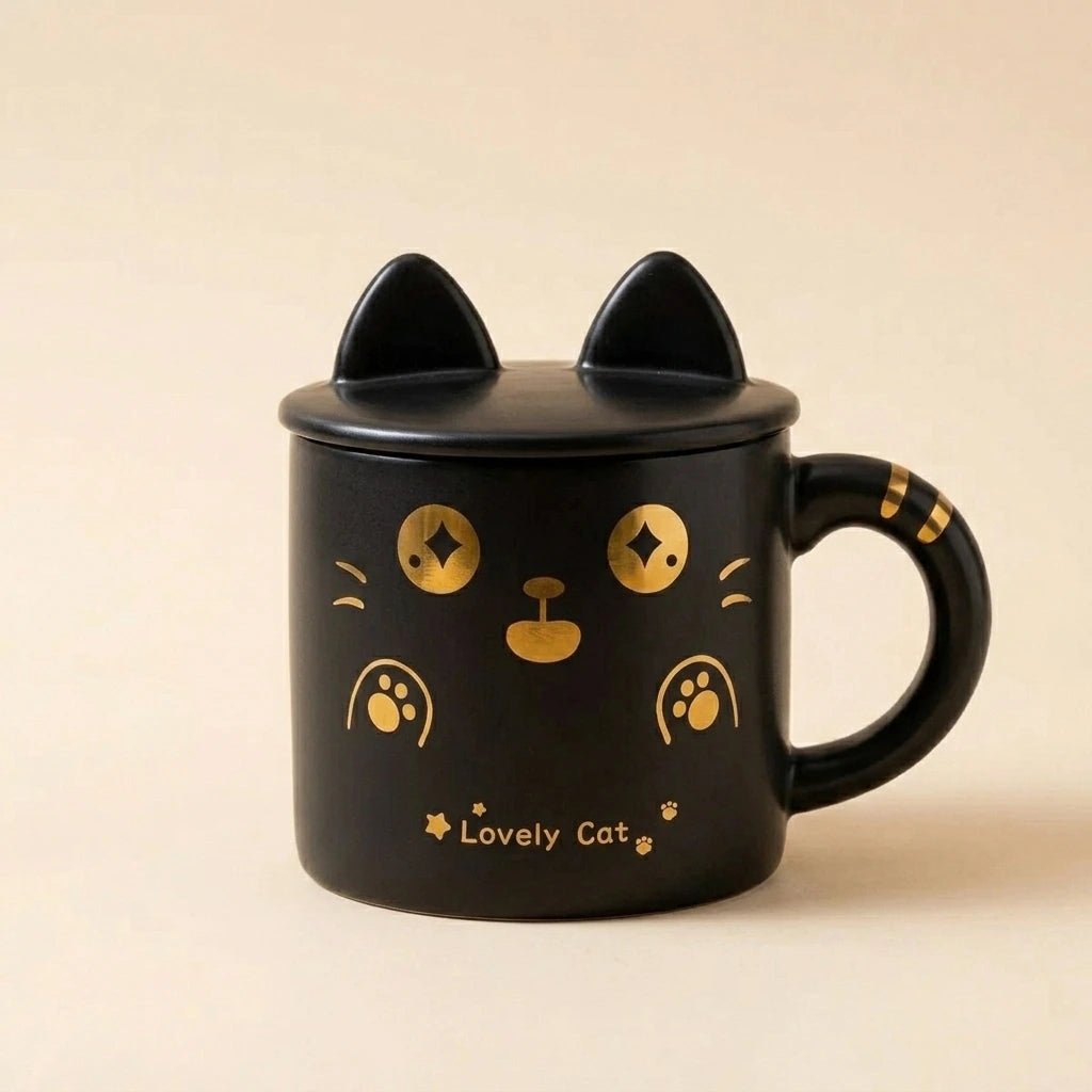 Lovely Cat Mug with Silicone Lid - Black Cat