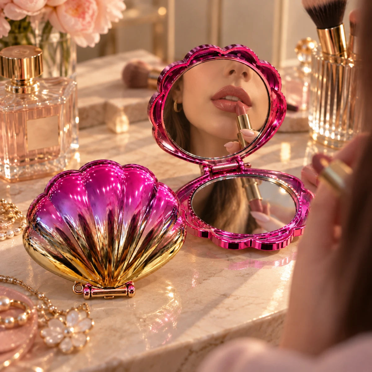 Mermaid Shell Pocket Mirror 🐚 - Pink × Gold