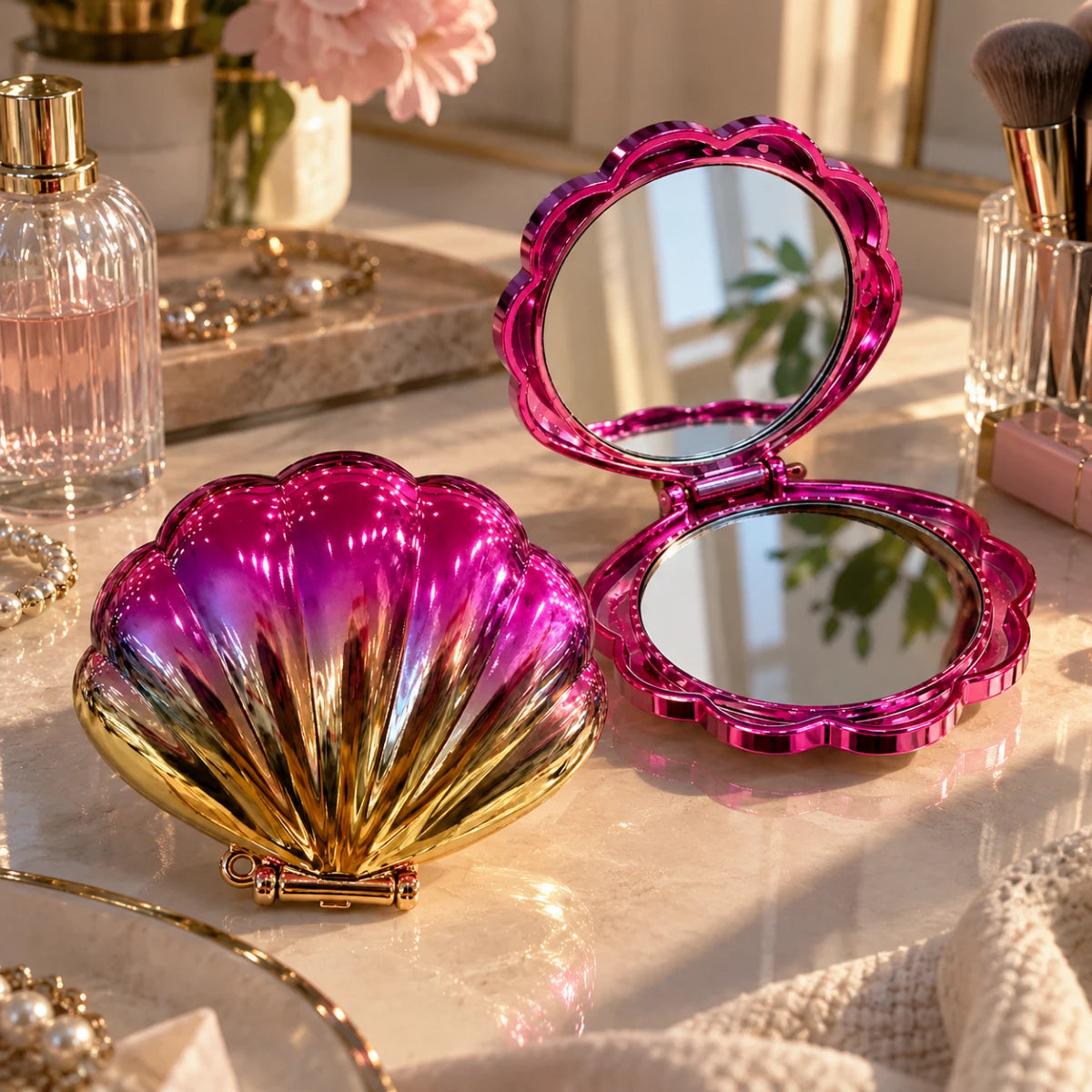 Mermaid Shell Pocket Mirror 🐚 - Pink × Gold