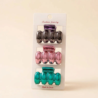 Metallic Mini Hair Claw Clips - 3 Piece Card - Gunmetal Pink Teal