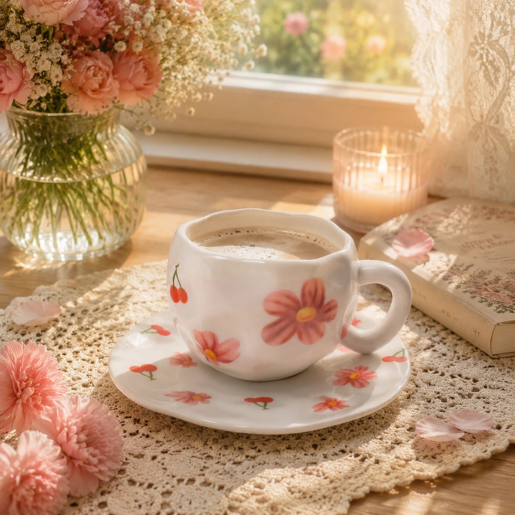 Pink Daisy Cup with Plate 🌸🍒