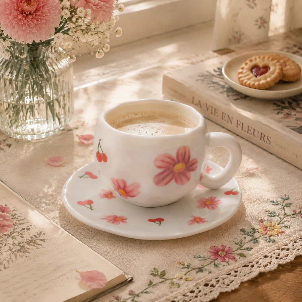 Pink Daisy Cup with Plate 🌸🍒