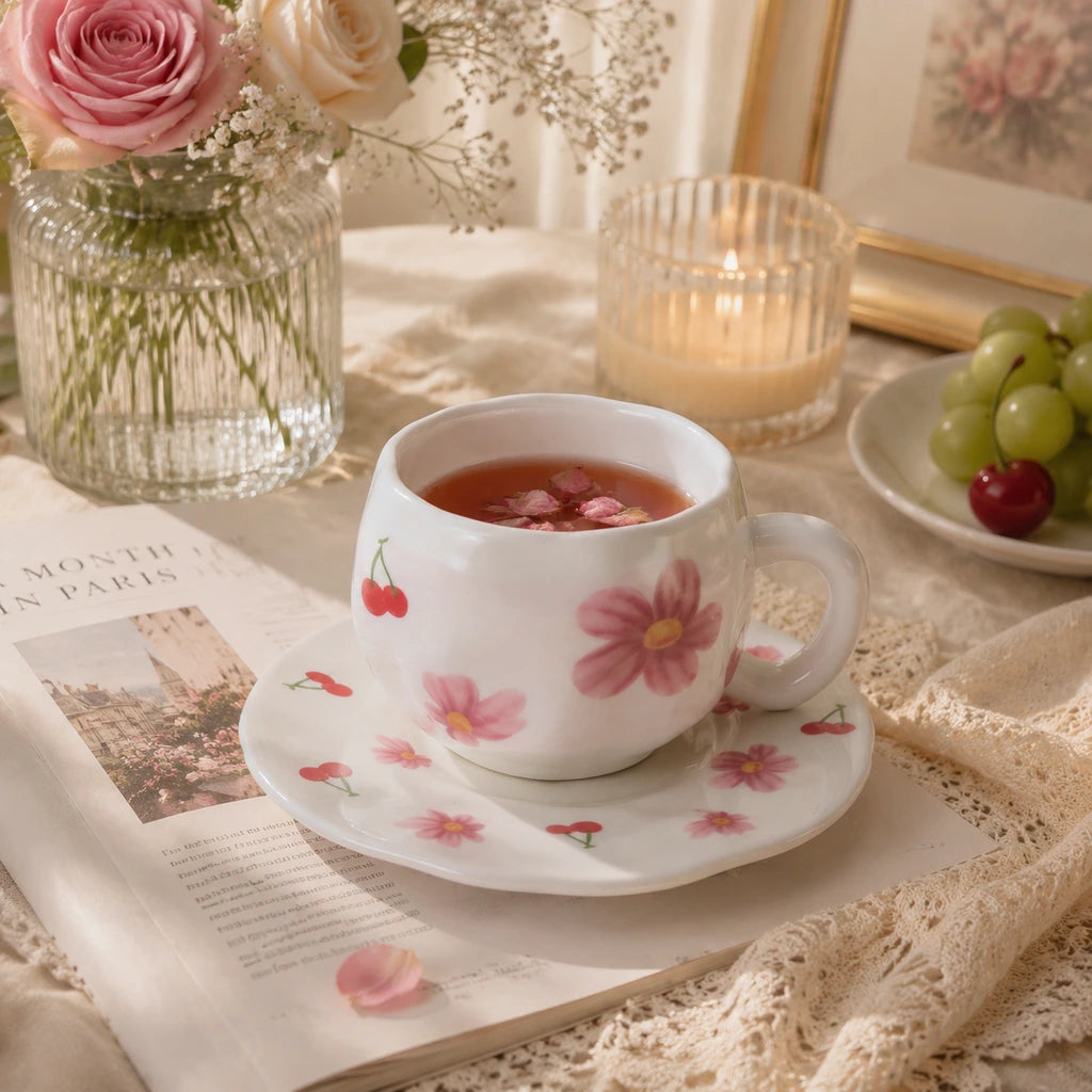 Pink Daisy Cup with Plate 🌸🍒