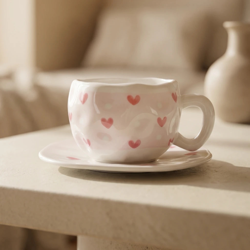 Pink Hearts Cup with Plate ☕💕
